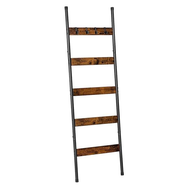 HOOBRO Blanket Ladder, 5-Tier Ladder Shelf with Hooks, Wall-Leaning Rack, Decorative Display Stand, for Scarves, Industrial, Rustic Brown and Black BF52CJ01