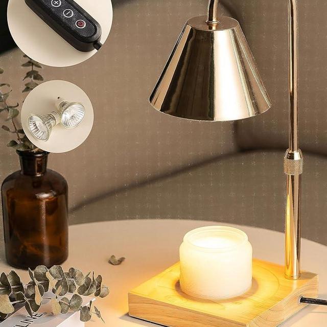GODONLIF Candle Warmer Lamp, Dimmable Candle Lamp Warmer, Adjustable Height, Timer, Bedroom Living Room Home Decor Wax Melt Warmer for Scented Wax with 2 Bulbs, Gold