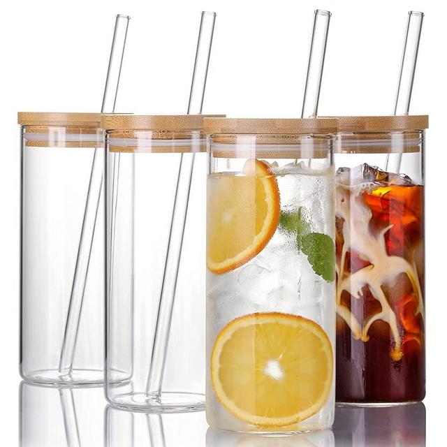 4 Set 20 OZ, Borosilicate Glass Tumbler Cups with Bamboo Lids and Straws - Tall Clear Drinking Glasses for Iced Coffee, Smoothie, Water, Juice, - Reusable Cute Travel Tumbler, Gifts - Dishwasher Safe