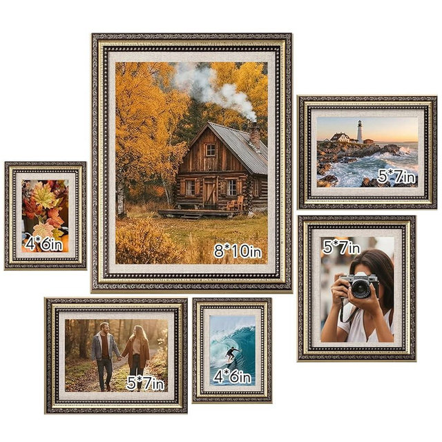 Wonderjune 6 Pack Vintage Picture Frames 4 x 6, 5 x 7 and 8 x 10, Gallery Frames for Wall or Tabletop Display, Gallery Bedroom Living Room Antique Photo Frame for Wall Decor