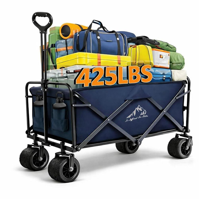 Heavy Duty Collapsible Wagon Cart with Wheels - Large Capacity Foldable Portable Utility Wagon for Grocery, Beach, Camping & Sports Shopping, Blue
