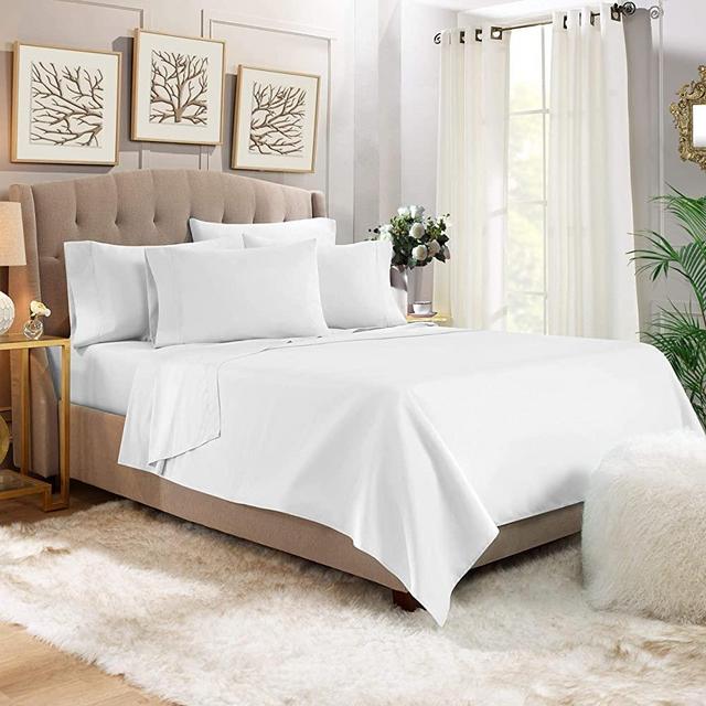 1000 Thread Count White 6 Piece Queen Sheet Set with 2 Extra Pillow Cases, 100% Long Staple Cotton Smooth Sateen Weave Bed Sheets with Deep Pockets, Value Pack 6 pc Cotton Sheets Queen White