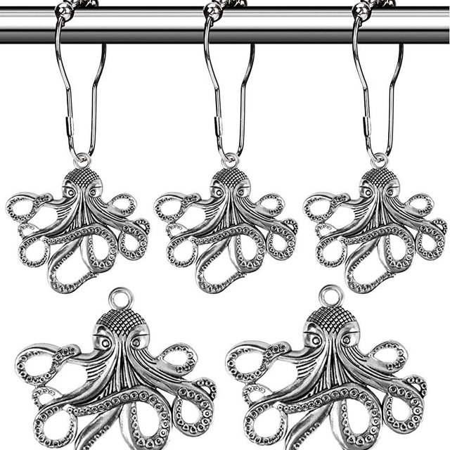 Octopus Decorative Shower Curtain Hooks - Rust Proof Brushed Nickel Rings with Octopus Accessories Set Decorate Bathroom with Ocean, Beach, Sea, Nautical Theme (Silver, Stainless Steel, Set of 12)