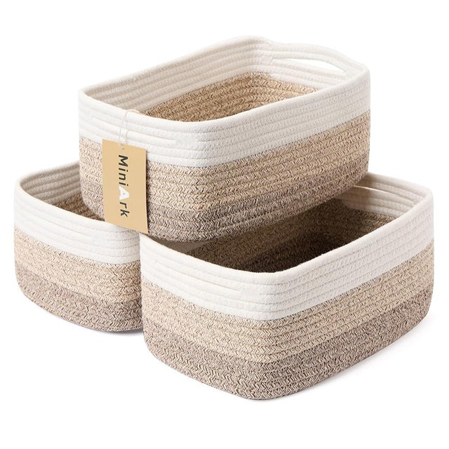 MiniArk Shelf Storage Baskets for Organizing | Closet Organizer Bins | Small Toy Basket | Woven Rope Baskets | Cube Decorative Box | Shallow Basket | 13x8.5x5.1” | 3 Packs Gradient Brown