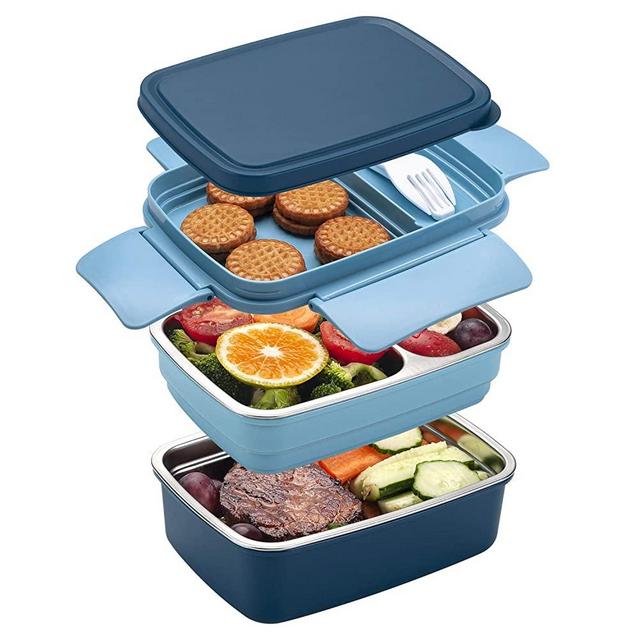 Freshmage Stainless Steel Bento Box for Adults & Kids, Leakproof Stackable Large Capacity Dishwasher Safe Lunch Container with Divided Compartments, Blue