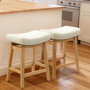 RNKSFX Counter Height Bar Stools Set of 2 for Kitchen Counter, Wooden Backless Island Barstools Farmhouse Modern Short Stools No Back with Faux Leather Saddle Seat 24 inch Counter Top Chairs, White