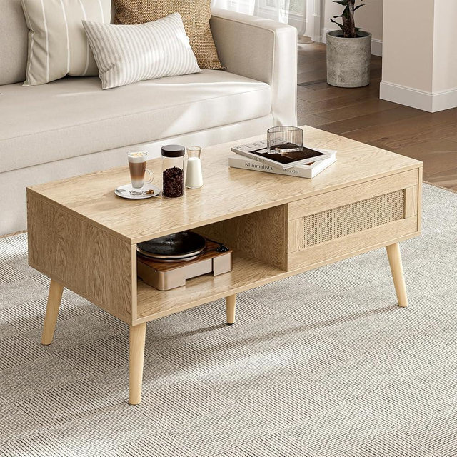 ZttRiee Coffee Table with Storage, Boho Dining Table with Sliding Rattan Door Panel and Solid Wood Legs, Small Coffee Tables for Living Room, Oak
