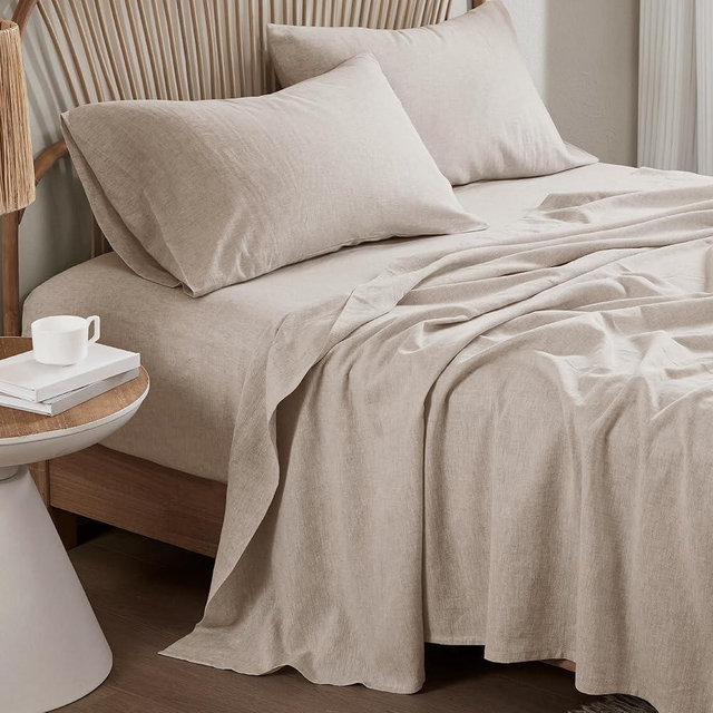 Hyde Lane Organic Linen Sheet Set, Luxury French Flax Cotton Blend, 4 Pcs Linen Cotton Bed Sheets Queen Size for All Seasons - Soft & Breathable, 15" Deep Pocket (Queen, Linen)