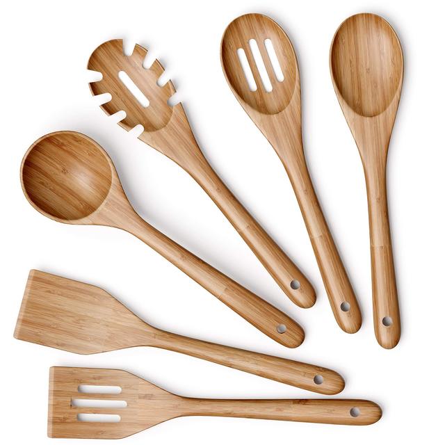 Wooden Kitchen Utensils Set - 6 Piece Non-Stick Bamboo Wooden Utensils for Cooking - Easy to Clean Reusable Wooden Spoons for Cooking, Spatula, Ladle, Turner Pasta Server