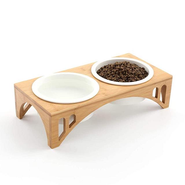 FUKUMARU Elevated Dog Ceramic Bowls, Raised Food Feeding Dishes for Large Cats and Dogs, Solid Bamboo Water Stand Feeder Set