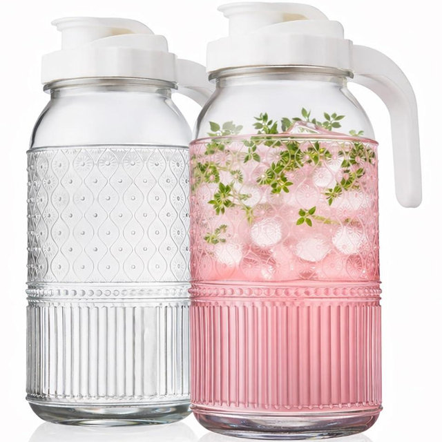 Glass Pitchers Set of 2 – Mason Jar Style Pitcher with Handle & Lid, 64 oz Water Jug for Juice, Iced Tea, Cold Brew, Water, Vintage Claro Collection Kitchen Décor