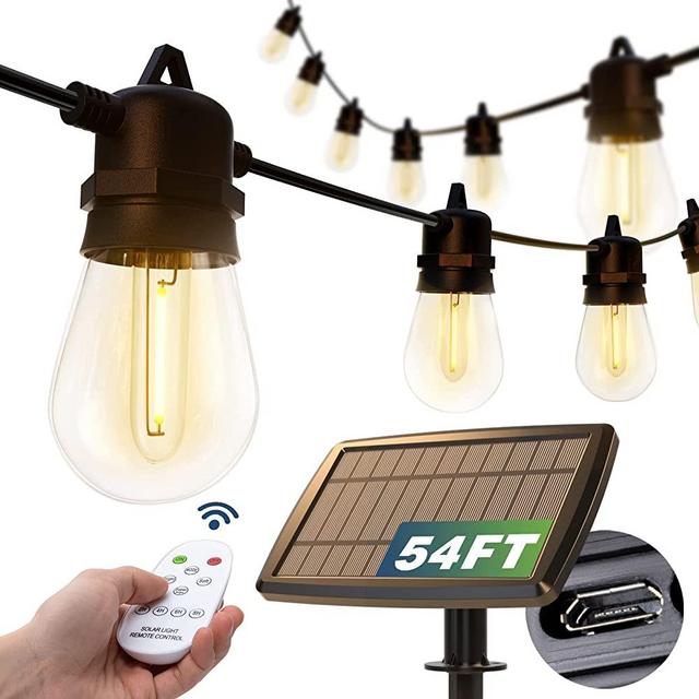 addlon 54(48+6) FT Solar String Lights Outdoor Waterproof with USB Port & Remote Control Solar Patio Lights Long Last for 20+Hrs Dimmable Solar Power LED Bulbs for Porch Garden Market Bistro