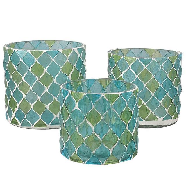 SHOP LC DELIVERING JOY Home Decor Set of 3 Blue and Green Mosaic Pattern Tea Light Glass Votive Candle Holder Party Decorations Gifts