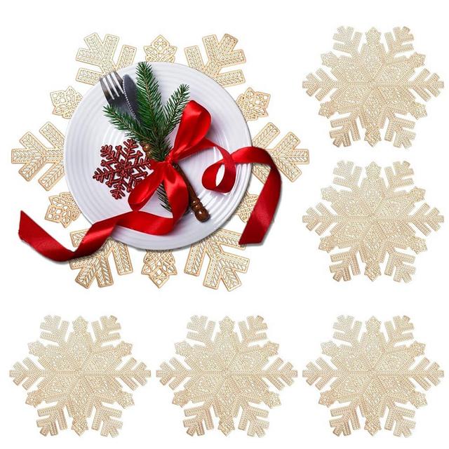 Snowflake Placemats Set of 6,Rouhuhura 15 inch Christmas Placemats Decorations Snowflake Tablemats Hollow Out Design Round Vinyl Place Mats Dining Table Setting Kitchen Table Mats for Christmas(Gold)
