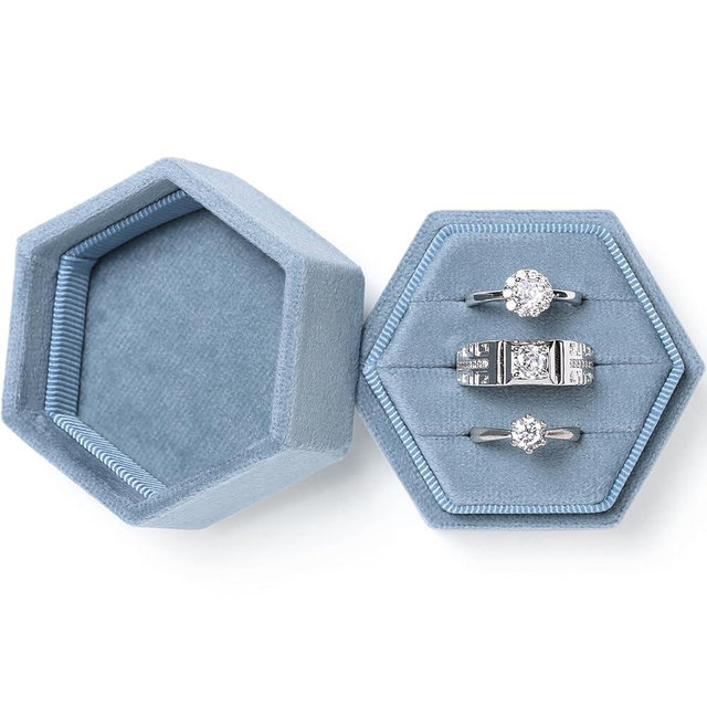 WantGor Velvet Jewelry Ring Box, 3 Slots Hexagon Ring Gift Box Vintage Ring Display Holder Case for Wedding Ceremony Proposal Engagement (Ocean Blue)