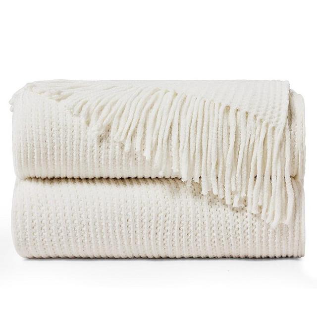 inhand Throw Blanket for Couch Bed,Chunky Chenille Woven Soft Blankets with Tassels,Cozy Boho Farmhouse Fall Winter Decor,Warm for Women,50"x60",Medium Thick-Off White