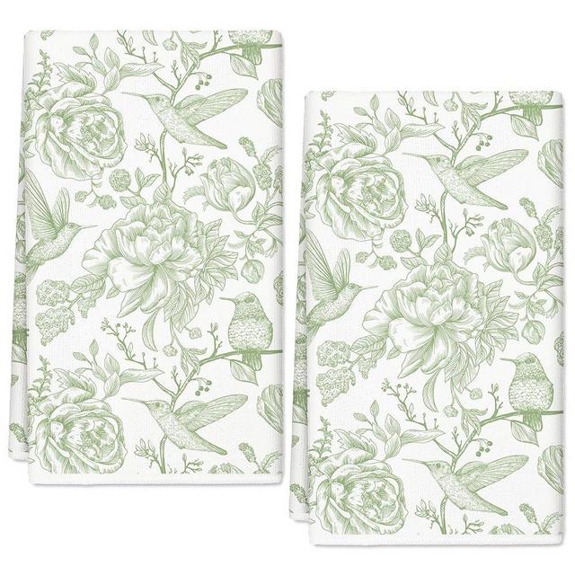 AnyDesign Green Floral Kitchen Towel Flower Birds Dish Towel 18 x 28 Inch Hand Drying Tea Towel for Cooking Baking Party Supplies, 2Pcs
