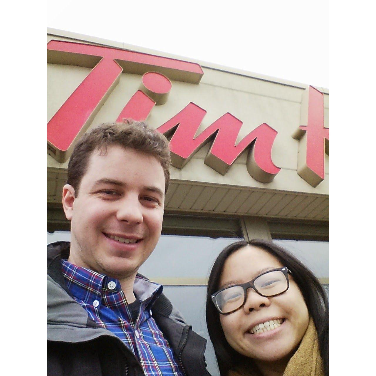 Our first visit to Canada. Of course Scott had to take Pearly to Tim Hortons for coffee.