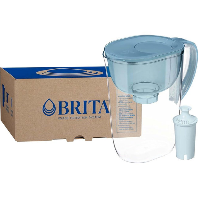 Brita 10 Cup Water Filter Pitcher, Reduces Chlorine, Mercury, Cadmium, Copper and More, Includes 1 Brita Plus Filter, BPA Free, Stone Blue