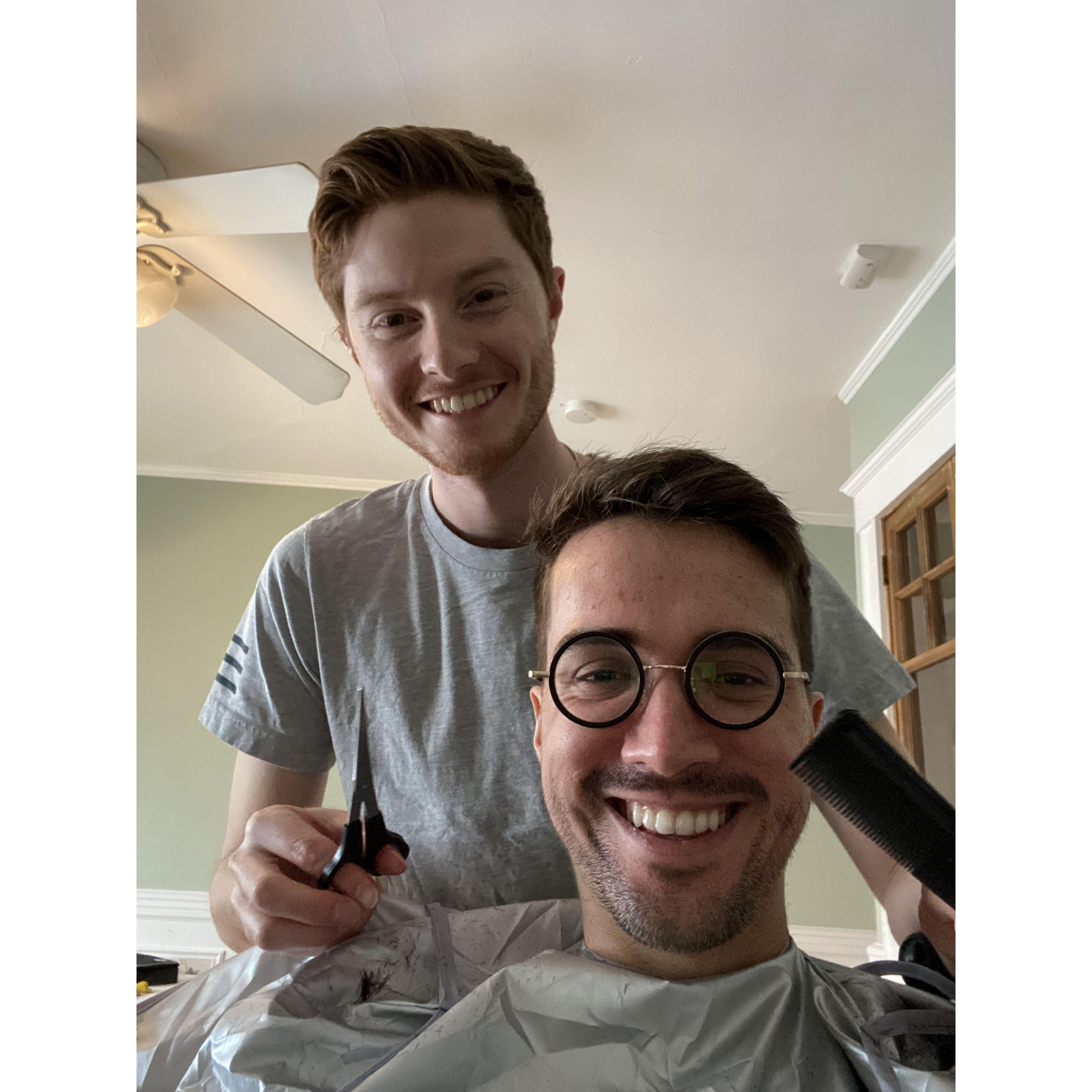 Giving each other pandemic haircuts in Boston before our escape to Vermont.