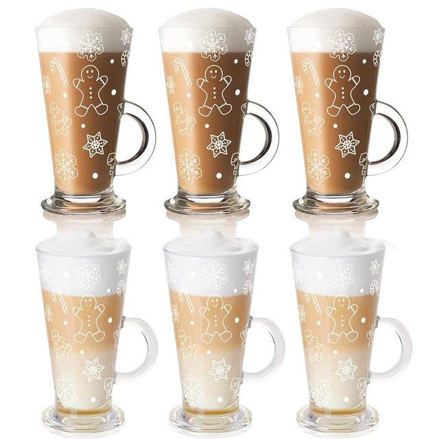 Sliner 6 Pcs Christmas Glass Coffee Mugs with Handle 9 oz Clear Irish Coffee Mugs Footed Xmas Glasses Winter Holiday cups for Chocolate Cocoa Xmas Gift (Gingerbread Man)