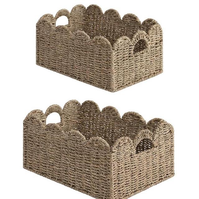 StorageWorks Scalloped Edge Wicker Basket, Scalloped Woven Basket for Organizing, Nursery Basket with Built-in Handles, Storage Basket for Décor, Seagrass Wicker Basket for Shelves, Set of 2
