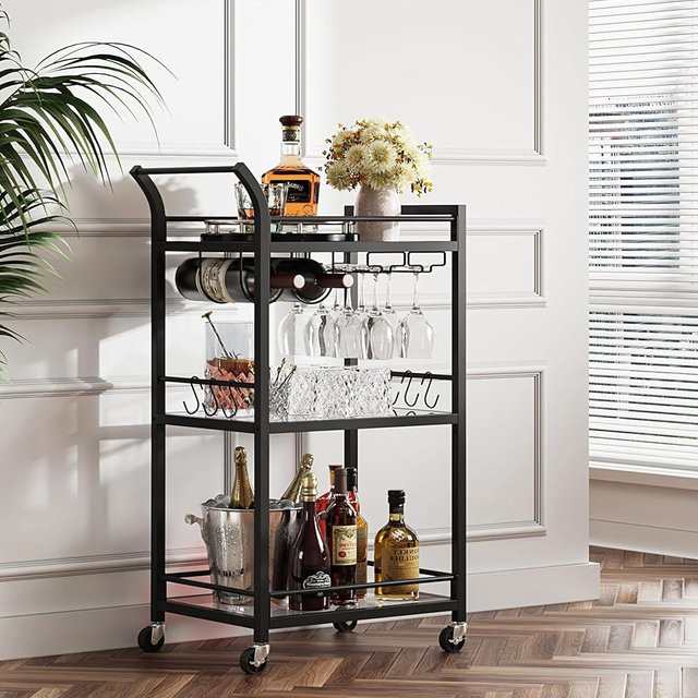 TUTOTAK Bar Cart, Home Bar Serving Cart with 3-Tier Mirrored Shelf, Wine Cart, Drink Cart, Mobile Kitchen Shelf, Rolling Beverage Cart, Black BC01BK034