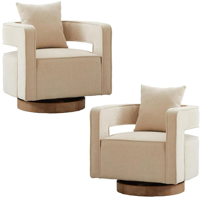 AZSJML Swivel Accent Chair Set of 2, Modern Swivel Barrel Chair for Living Room, 360 Degree Comfy Square Accent Chair with Open Back, Upholstered Armchair for Bedroom, Reading, Linen Blend, Beige