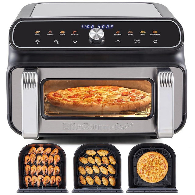 Elite Gourmet EAF2411G Digital Indoor Grill/Air Fryer Oven, 11L Capacity, Grill Rack, 8 Presets, Bake, Roast, Broil, Dehydrate, 1700-Watts, 25 Delicious Recipes, Stainless-Steel/Black
