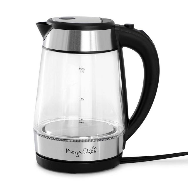 MegaChef 1.7L Glass & Stainless Steel Electric Tea Kettle Clear/Silver: 1000W, Borosilicate Glass, 90-Day Warranty