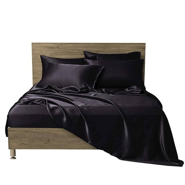 MR&HM Satin Bed Sheets, Queen Size Sheets Set, 6 Pcs Silky Bedding Set with 15 Inches Deep Pocket for Mattress(Queen, Black)