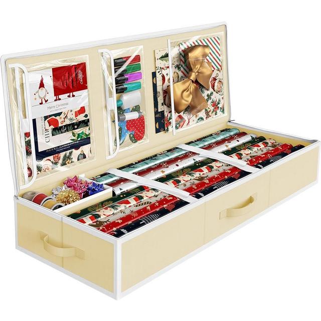 Simple Houseware Wrapping Paper Organizer - Under Bed Storage for 25-40 Rolls Gift Wrapping Paper, Gift Bags, Ribbons, 41.5''L x 16''W, Beige