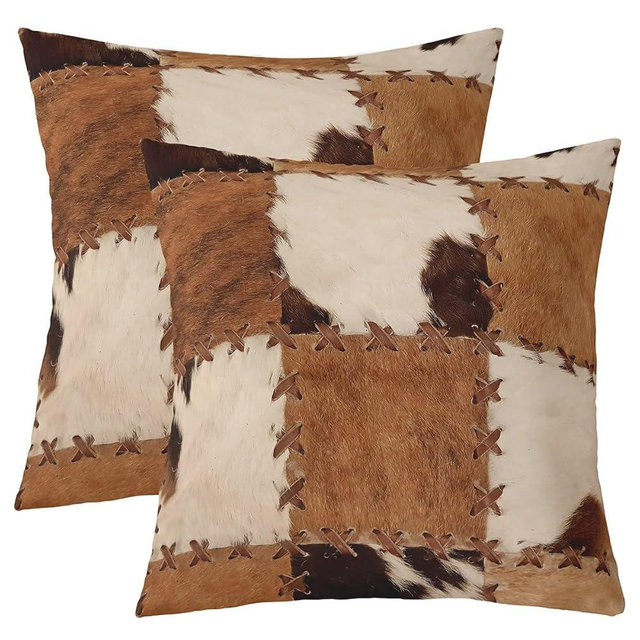 2Pcs of Cowhide Pillow Covers 20"x20",Cow Fur Print Decorative Square Pillow Cases For Couch,Western Home Decor Throw Pillow Covers,Cowboy Cushion Covers Farmhouse Cow Decor Pillow Insert,Brown White