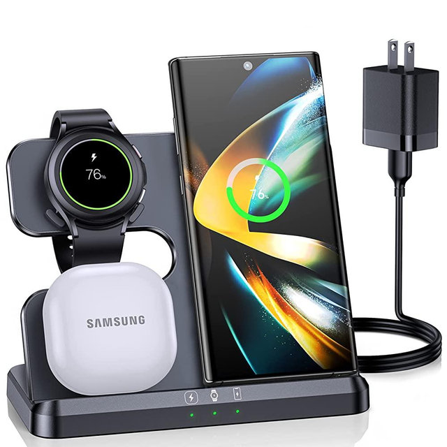 ZUBARR Wireless Charging Station for Samsung and Android Multiple Devices 3 in 1 Wireless Fast Charger Dock Stand for Phone Galaxy Z Flip 4/3 Z Fold S22 S20 Ultra, Galaxy Watch 5/4/3, Buds, Black