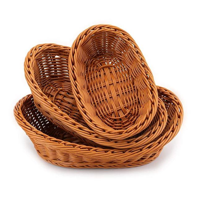 Yarlung 3 Pack Poly-Wicker Woven Breads Serving Baskets, Stackable Imitation Rattan Fruit Baskets for Food Display, Vegetables, Home, Kitchen, Restaurant, Outdoor, Brown, Oval, 3 Size