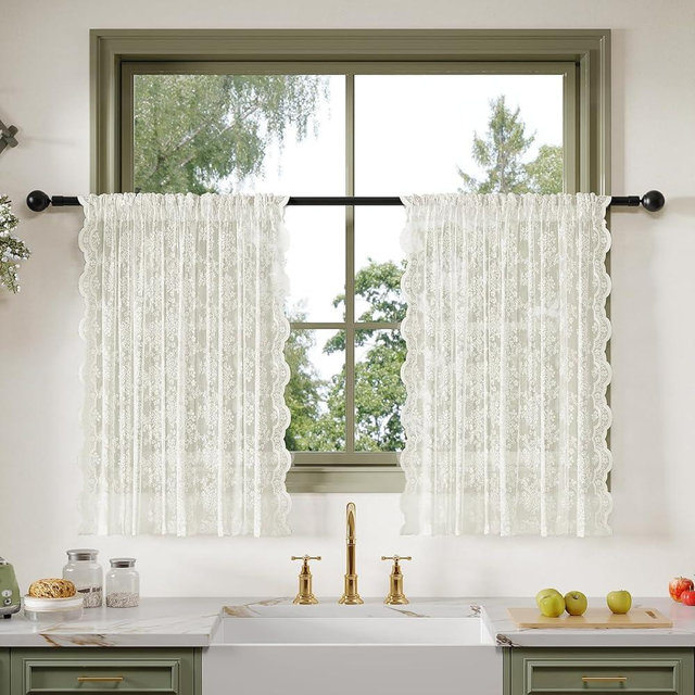 Anmao Vintage Lace Kitchen Curtains 36 Inches Long 2 Panels, Romantic Semi Sheer Floral Over Sink Lacy Cafe Curtain, Elegant Window Short Small Drapes, 55W x 36L, Ivory White