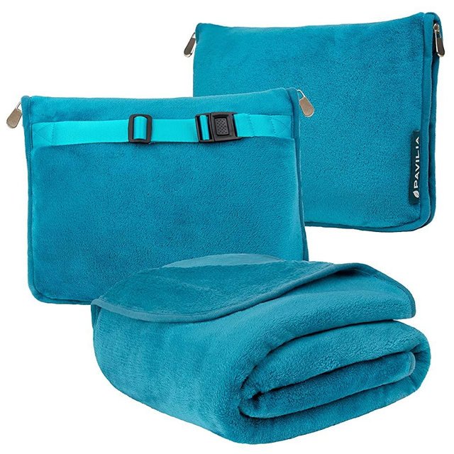 PAVILIA Travel Blanket and Pillow, Dual Zippers, Clip On Strap |Warm Soft Fleece 2-in-1 Combo Blanket Airplane, Camping, Car |Large Compact Blanket Set, Luggage Backpack Strap, 60 x 43 (Teal Blue)