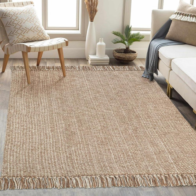 Collive Comfy Area Rug 4' x 6', Tan/Cream Woven Cotton Bedroom Rugs, Modern Indoor Accent Rug Floor Carpet with Tassel for Living Room, Nursery Room, Dining Room, Bedside, Office, Patio Decor