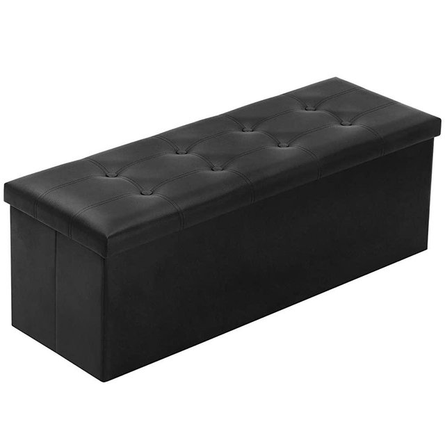 YOUDENOVA 43 Inches Folding Storage Ottoman Bench, Storage Chest Foot Rest Stool with Wooden Divider, Bed End Bench with 120L Large Storage Space, Faux Leather Black