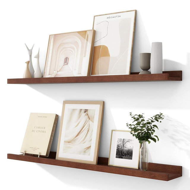 Acovy Solid Ash Wood Picture Ledge Shelf, 36 Inch Floating Shelves with Lip Set of 2, Photo Ledge Shelf Nursery Bookshelf Wall Mounted for Living Room Bedroom Decor, Walnut
