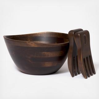 Walnut Finish Large Wavy Rim Bowl with Salad Servers