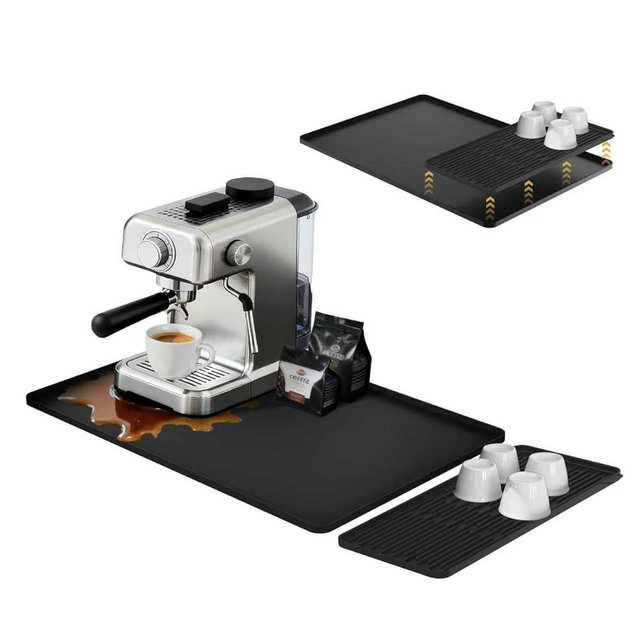 24×16-inch Silicone Coffee Mat for Espresso Machine - Heat Resistant, Waterproof Countertop Protector Pad with Raised Edges, Easy Clean Dish Drying Mat for Kitchen, Pet Food Mat (Black)