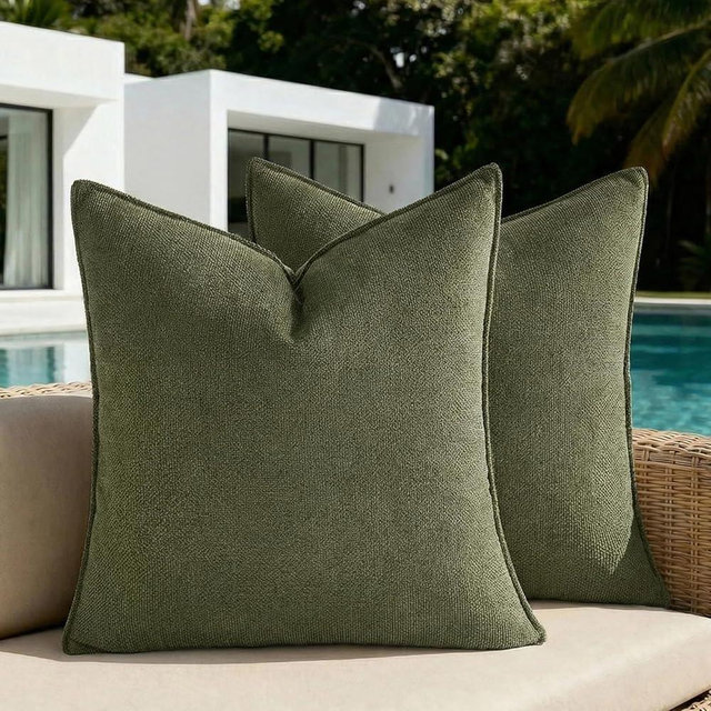 Fancy Homi Set of 2 Waterproof Soft Chenille Decorative Outdoor Throw Pillow Covers Solid Olive Green Summer Farmhouse Boho Patio Cushion Cases 18x18 Inch for Garden Balcony Tent Couch Sofa Bed Chair
