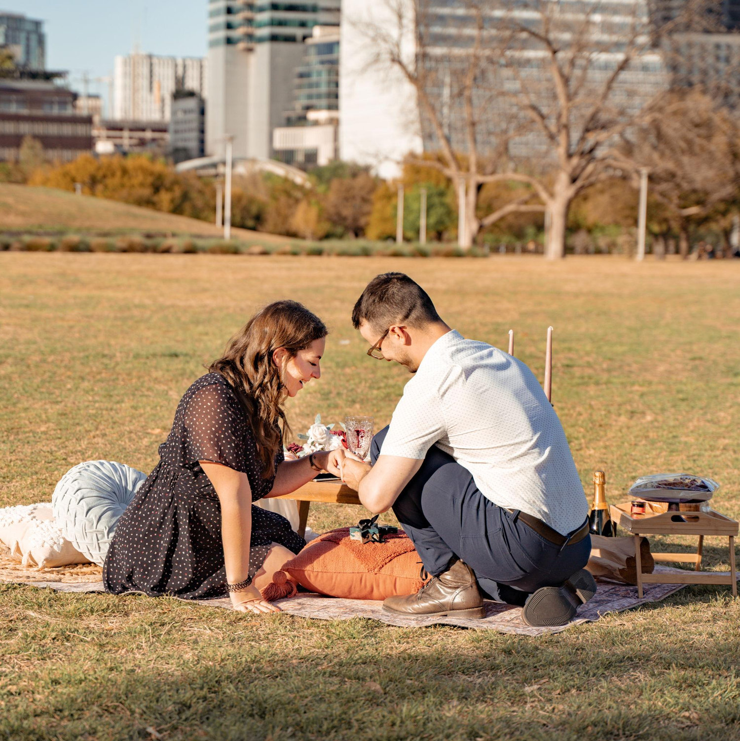 Jake's proposal in a park in Austin, TX in April of 2022