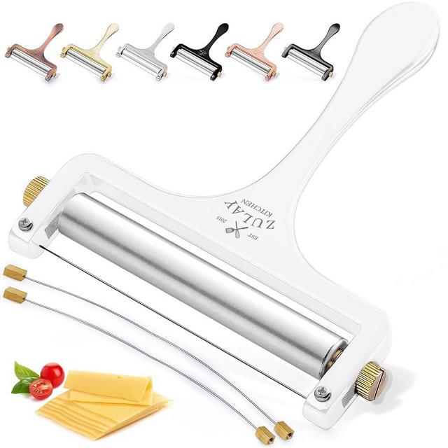 Zulay Kitchen Stainless Steel Wire Cheese Slicer - Adjustable Hand Held Cheese Cutter with 2 Extra Wires - Premium Cheese Shaver For Mozzarella, Cheddar, Gruyere - Cheese Cutter with Wire (White)