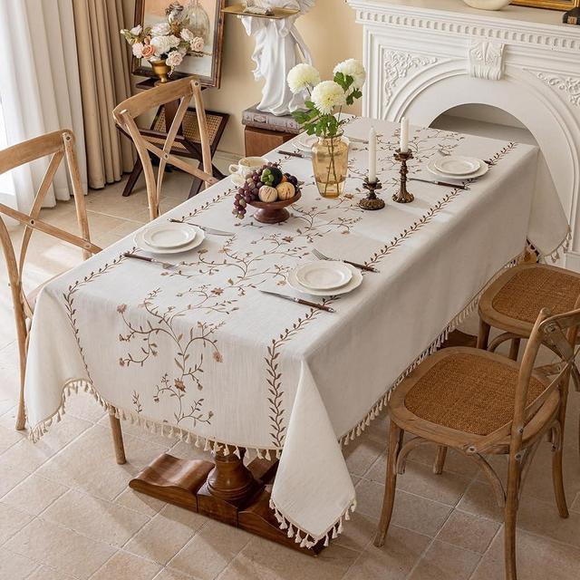 Joyfol Day Linen Waterproof Tablecloth with Tassels, Rustic Farmhouse Flowers Embroidery Table Cloths for Rectangle Tables, Heavy Weight Spill-Proof Table Covers, Coffee Florals, 55''x 70''