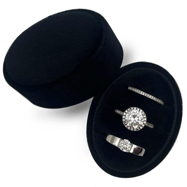 Beatilog Velvet Oval Ring Box 3 Slots - Premium Wedding Three Rings Box Vintage Handmade Storage Jewelry Organizer for Proposal, Engagement, Wedding Ceremony, Christmas (Black)