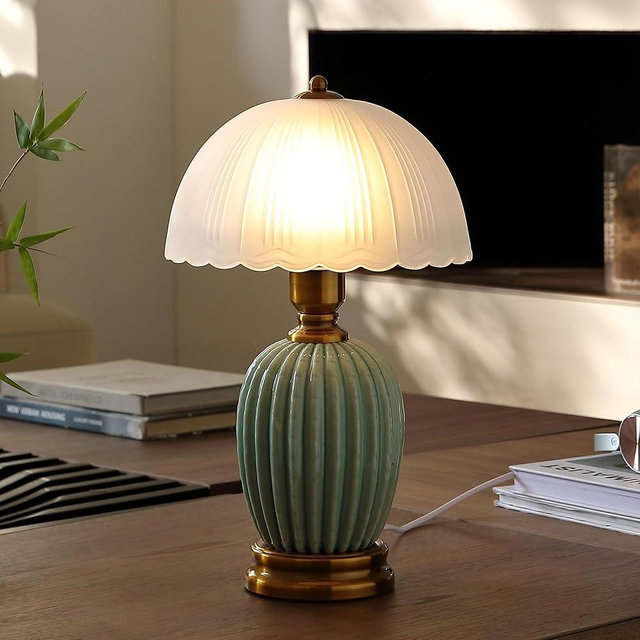 Glivpny Vintage Lamp for Living Room,16" Modern Ceramic Table Lamps for Bedroom,Retro Bedside Nightstand Traditional Lamps, Classic Chinoiserie Green Lamp for Home Decor (LD003)
