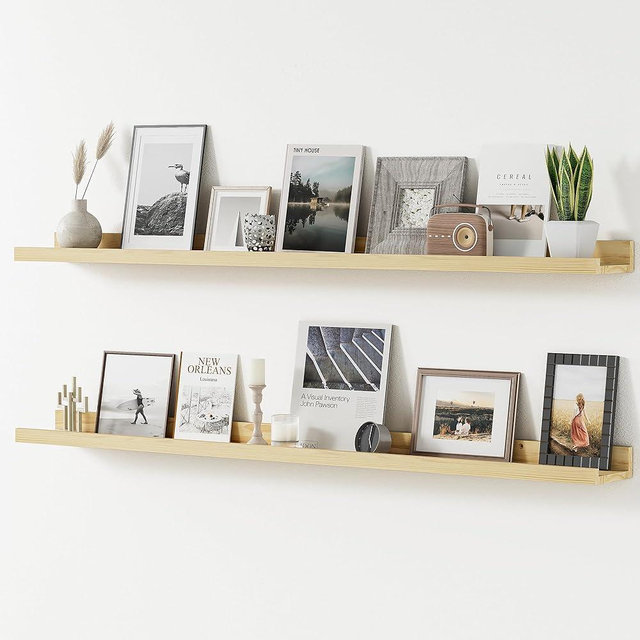 Long Floating Shelves for Wall, 48 inch Solid Wood Picture Ledge Shelf, Picture Shelf for Wall with Ledge, Floating Book Shelves for living room Bedroom Nursery Decor, Natural Finished, Set of 2