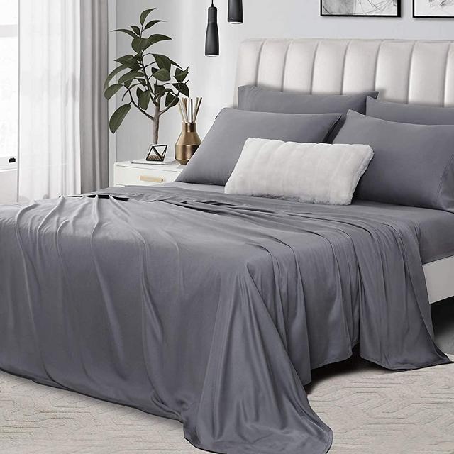 Umchord Bamboo Sheets Set, 6 Piece 100% Bamboo Bed Sheets Queen, Cooling Sheet Set for Hot Sleepers, Moisture Wicking Bed Sheets with 16" Deep Pocket, Silky Soft Bedding Sheets (Queen, Dark Grey)